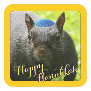 Funny Yarmulke-Wearing Squirrel • Happy Hanukkah Square Sticker