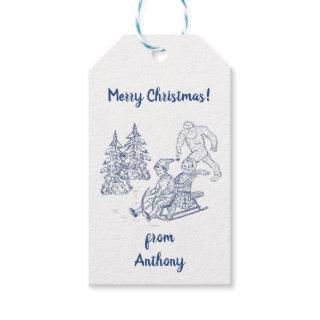 Funny Yeti Monsters Antique Winter Toile Pattern Gift Tags