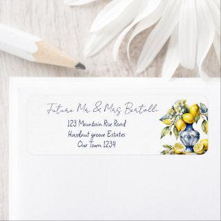 Future mr and mrs blue vase lemons wedding label