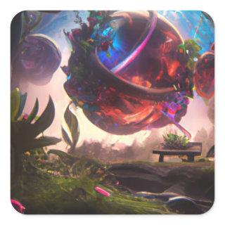 Futuristic Planet and Garden Art Square Sticker