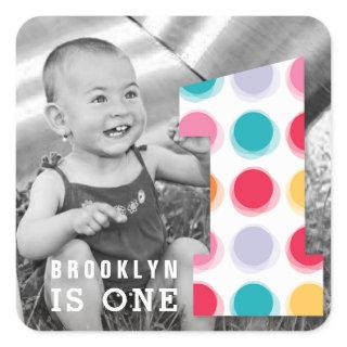 Fuzzy Modern Color Dots 1st Birthday Party Photo Square Sticker