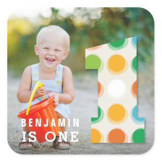 Fuzzy Modern Color Dots 1st Birthday Party Photo Square Sticker