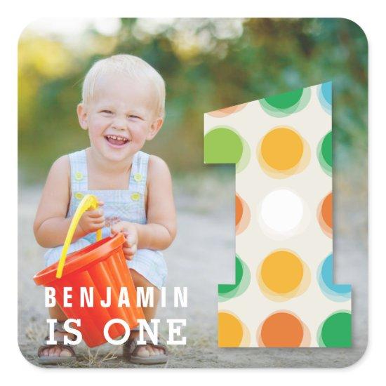Fuzzy Modern Color Dots 1st Birthday Party Photo Square Sticker