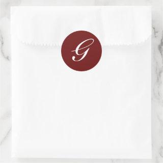 G Monogram Initial White on Maroon Classic Round Sticker