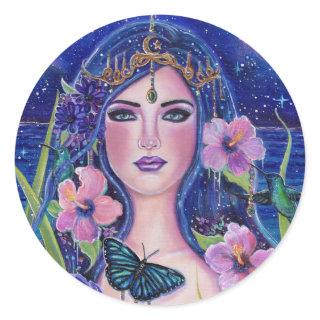 Gaia goddess with hummingbirds by Renee Lavoie Classic Round Sticker