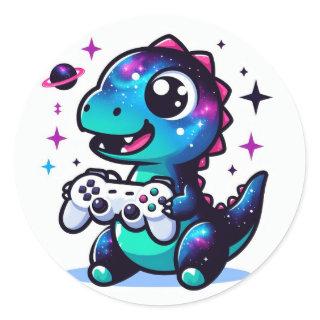 Galaxy Dinosaur with game controller Classic Round Sticker