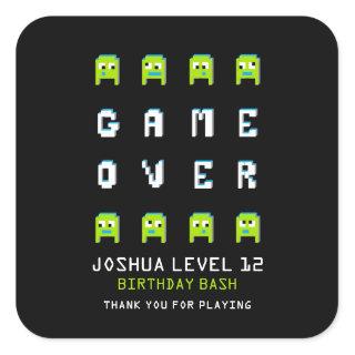 Game over pixel monster aliens party thank you square sticker