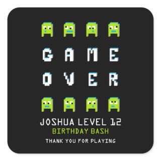 Game over pixel monster aliens party thank you square sticker