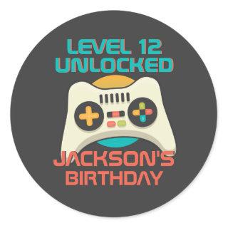 Gamer Boy Level Unlocked Video Games Kids Birthday Classic Round Sticker