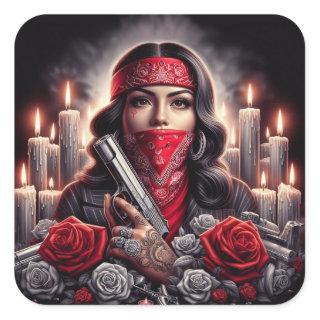 Gangster Girl Hip Hop chicano art graphic Square Sticker