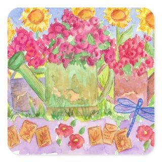 Garden Watering Can Flower Summer Bouquet Square Sticker