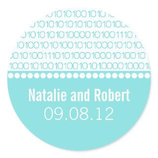 Geek Chic Binary Code Wedding Stickers, Aqua Classic Round Sticker