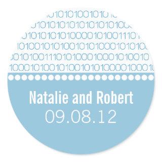 Geek Chic Binary Code Wedding Stickers, Blue Classic Round Sticker