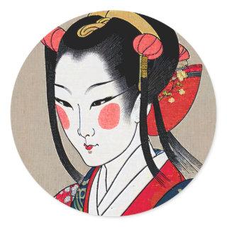 Geisha In Red Blue Kimono | Ukyio-e Japanese Art Classic Round Sticker