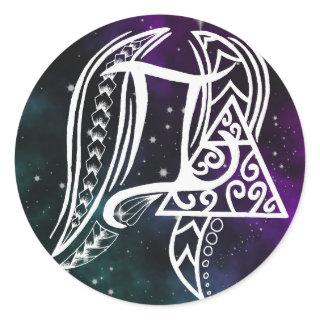 Gemini zodiac symbol with tribal line art classic round sticker