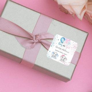 Gender reveal boy girl blue pink glitter elephants square sticker