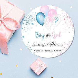 Gender reveal party boy girl blue pink glitter classic round sticker