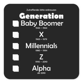Generations Baby Boomer, X, Y, Millennium, Z, Al Square Sticker