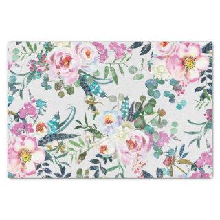 Gently Distressed Watercolor Roses and Feathers Tissue Paper