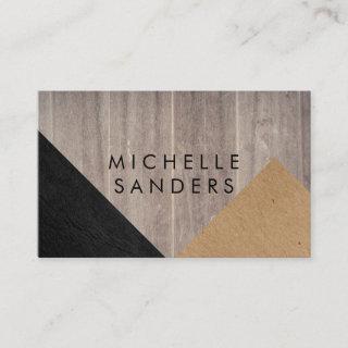 Geometric Black Faux Leather Wood Panel Business Card