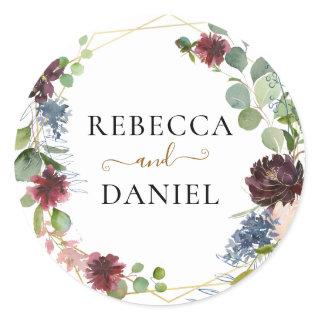Geometric Burgundy Floral Personalized Wedding Classic Round Sticker