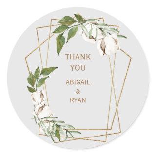 Geometric & Cotton Foliage Grey Wedding Thank You  Classic Round Sticker