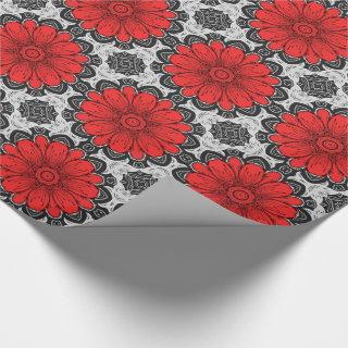 Geometric Daisy Pattern in Red Black & White