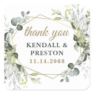 Geometric Greenery Elegant Gold Wedding Thank You Square Sticker