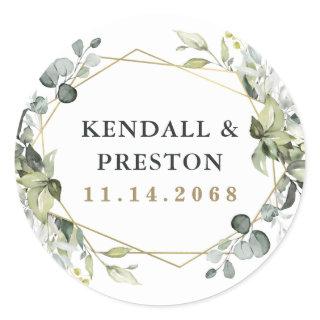 Geometric Greenery Modern Gold Succulent Wedding Classic Round Sticker