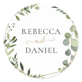 Geometric Greenery Personalized Wedding Classic Round Sticker