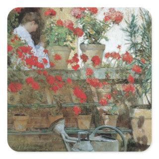 Geraniums by Childe Hassam, Vintage Impressionism Square Sticker