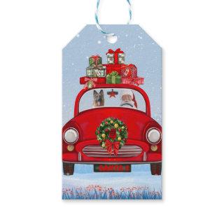 German Shepherd Dog In Car With Santa Claus Gift Tags