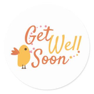Get Well Soon Greeting with Cute Bird and Flowers Classic Round Sticker