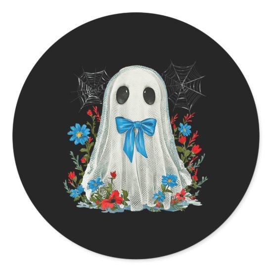 Ghost With Blue Bow Coquette And Flowers Halloween Classic Round Sticker