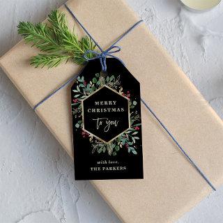 Gilded Greenery on Black | Merry Christmas Gift Tags