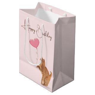 Ginger Cat With Pink Heart Balloon Medium Gift Bag