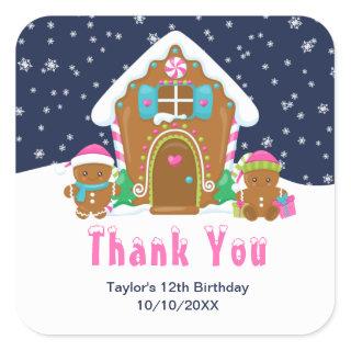 Gingerbread Birthday Party Navy Pink Thank You Square Sticker