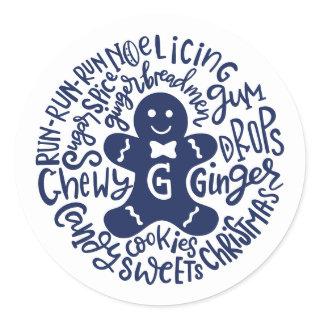 Gingerman Christmas Winter Candy Typography BLUE Classic Round Sticker
