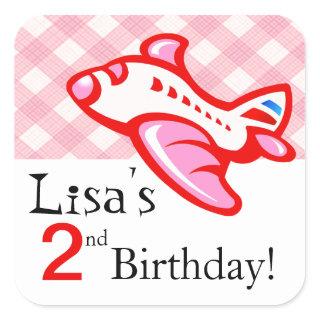 Gingham Airplane Birthday Party Favor | pink red Square Sticker