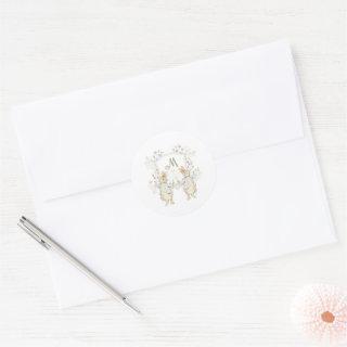 Gingham Neutral Peter the Rabbit Twins Baby Shower Classic Round Sticker