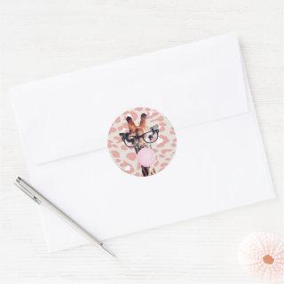 Giraffe Blowing Gum with animal print background Classic Round Sticker