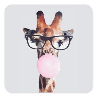 GIRAFFE WEARING GLASSES BLOWING A PINK BUBBLEGUM SQUARE STICKER