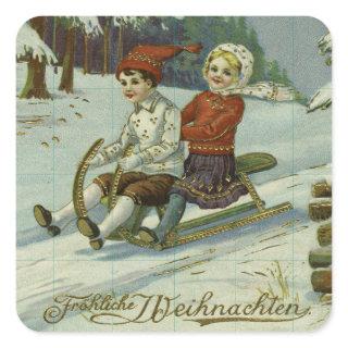Girl and boy enjoy a sleigh ride illustration square sticker
