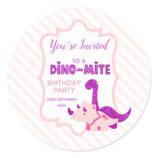 Girl Dinosaur You're Invited to a Birthday Party  Classic Round Sticker