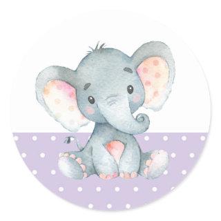 Girl Elephant Baby Shower Purple Classic Round Sticker