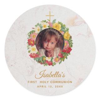 Girl First Communion Marble Photo in Rose Wreath Classic Round Sticker