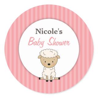 Girl Lamb Baby Shower Pink Stripe Classic Round Sticker