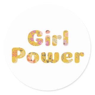 Girl Power Floral Lettering in Mustard Yellow Classic Round Sticker