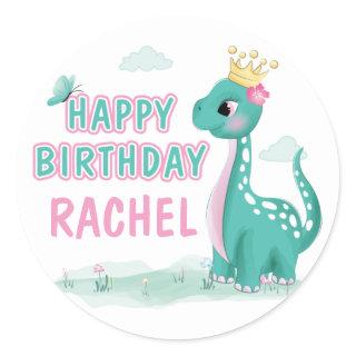 Girl Princess Dinosaur Pink & Teal Birthday Party Classic Round Sticker
