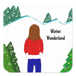 Girl Snowy Winter Wonderland Square Sticker
